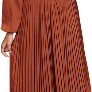 Women's Spring Midi Dress Long Puff Sleeve Wrap V Neck Flowy Ruffle Pleated Casu